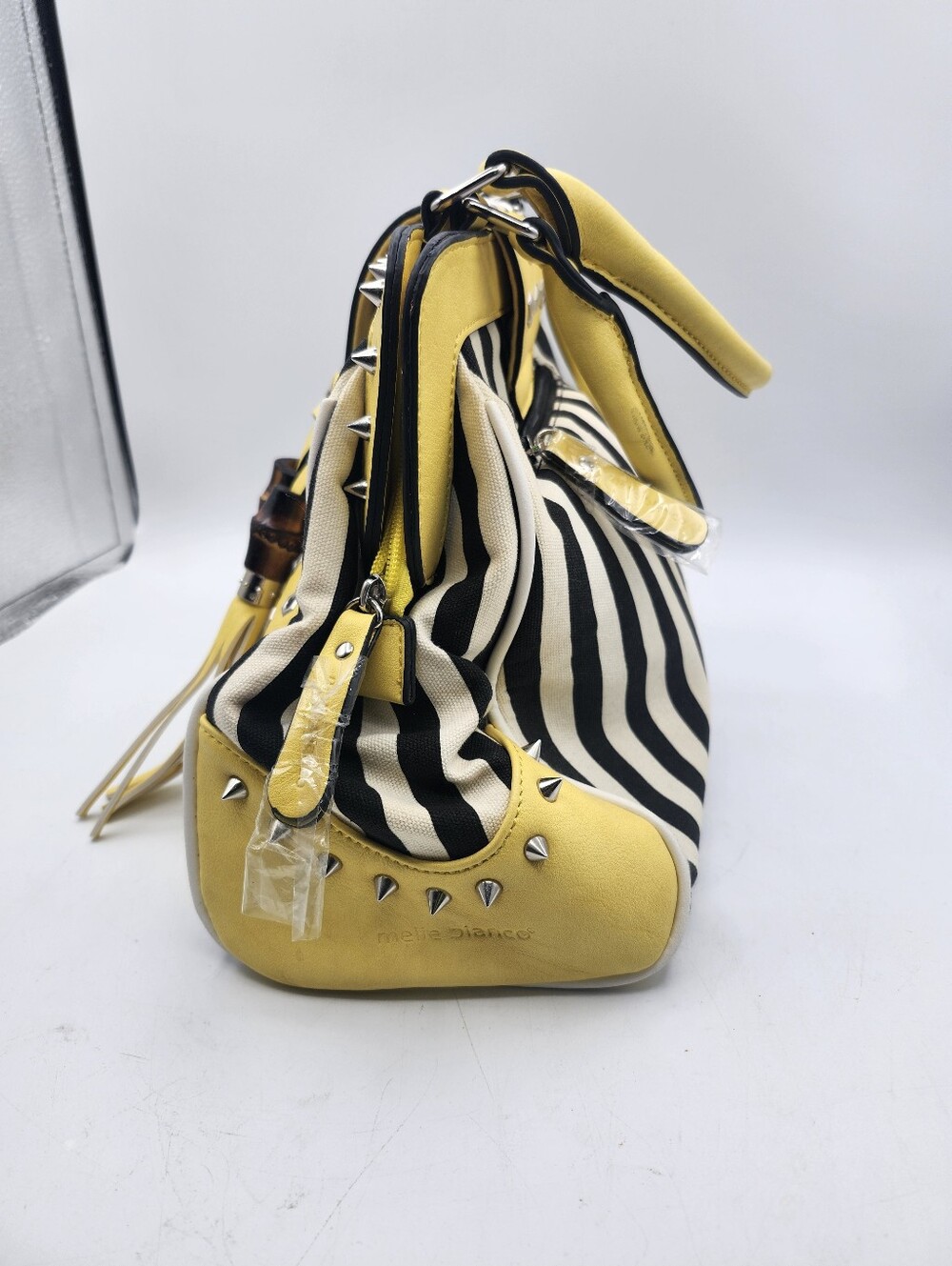 Melie Biiano Yellow Black White Striped Studded Satchel Tassels Luxury Vegan - Picture 2 of 7